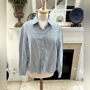Boden Blue and White Striped Cropped Linen Shirt